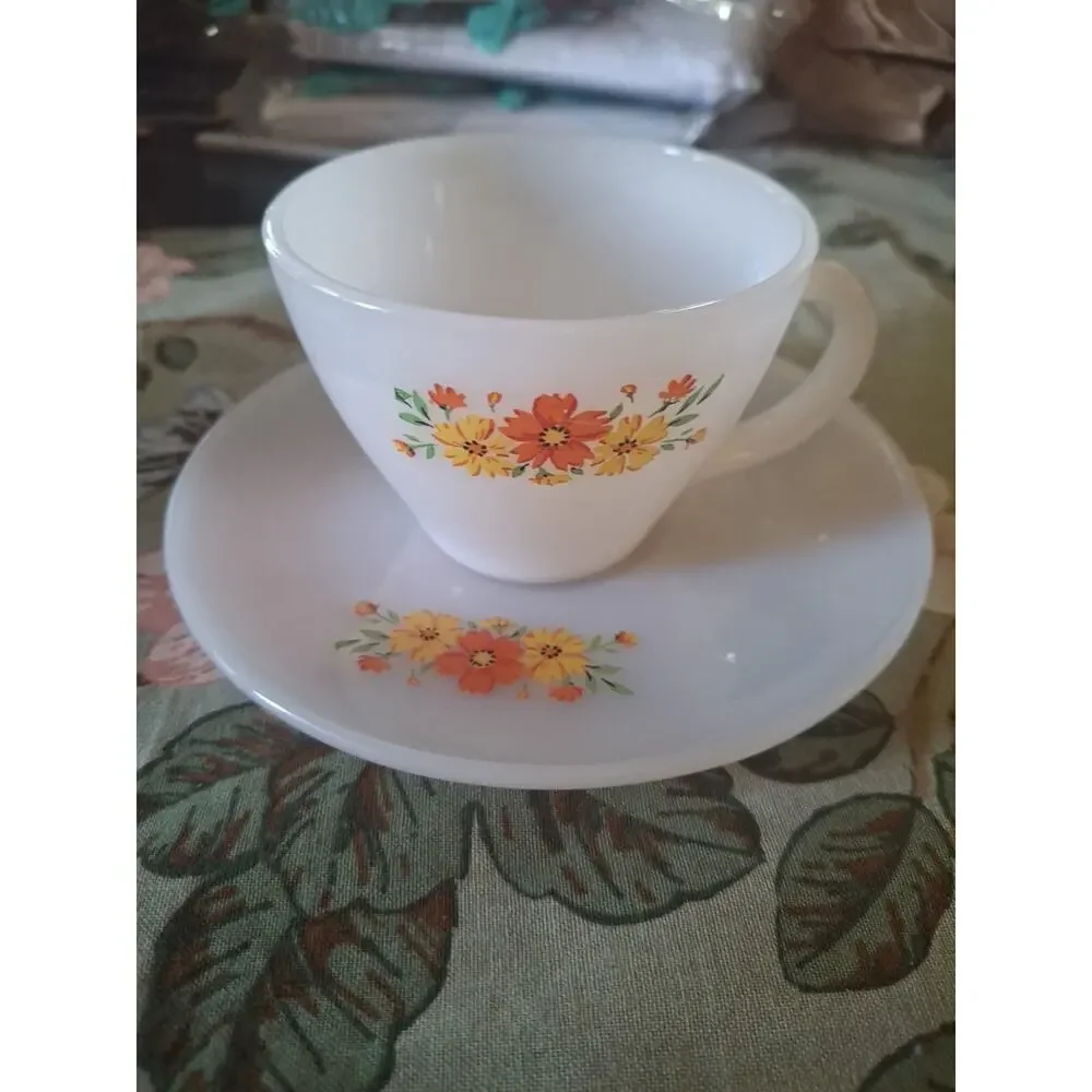 Two Vintage Anchor Hocking Fire King Milk Glass Floral Teacups & Saucers